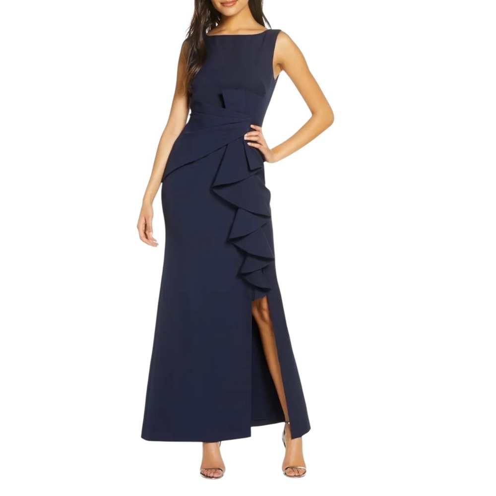 Eliza J Ruffle Front 2 Navy Blue Gown‎